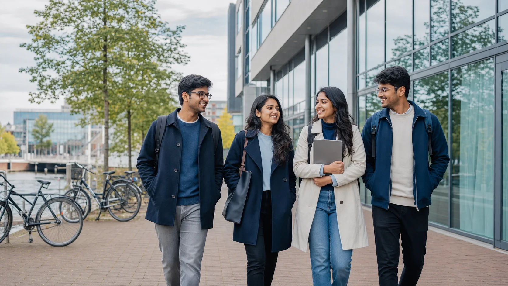 Bangladeshi students exploring a modern university environment in the Netherlands